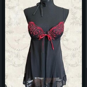Kohl's Black and Red Lace Babydoll Nightie